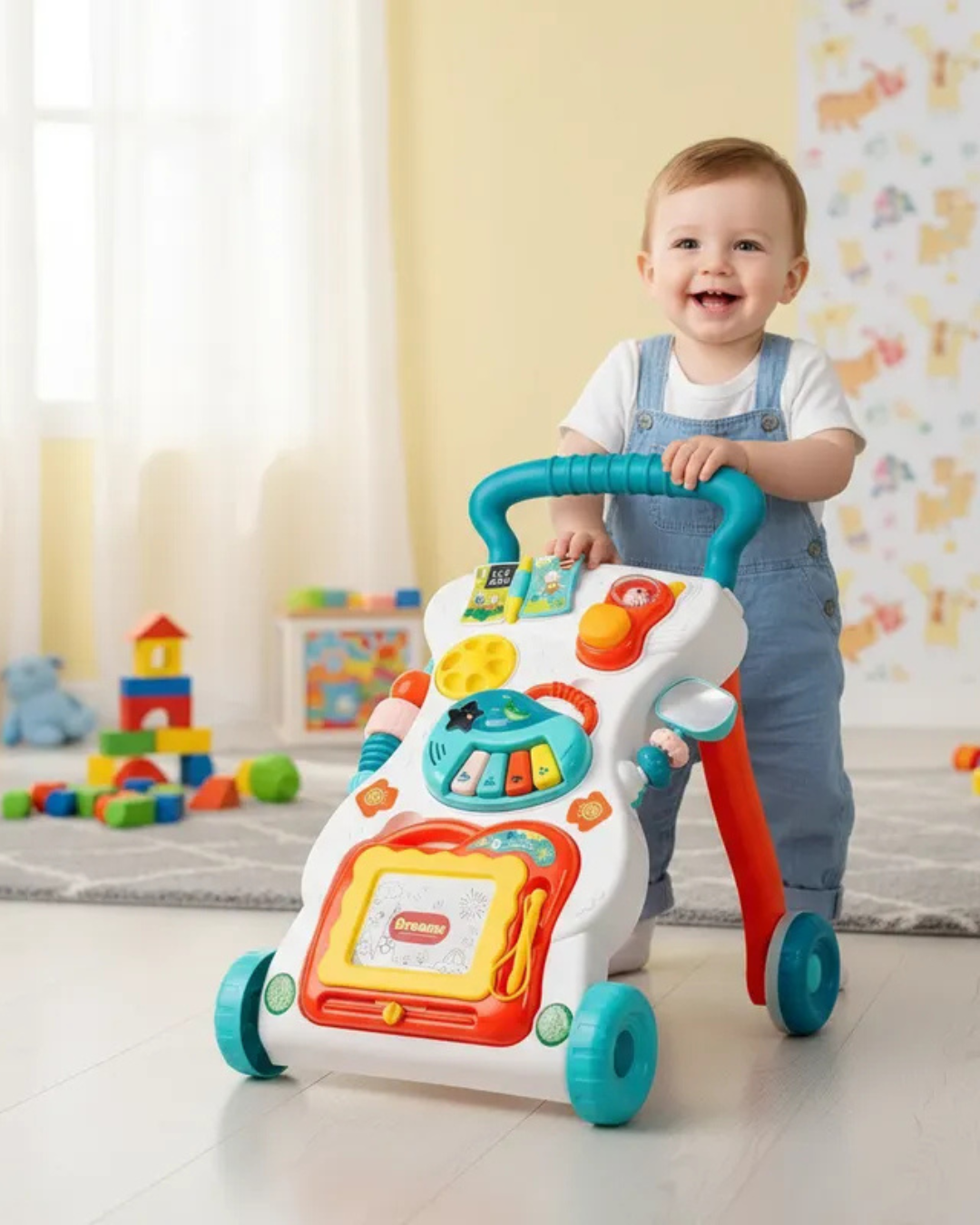 Caminador de bebé con pizarra y accesorios