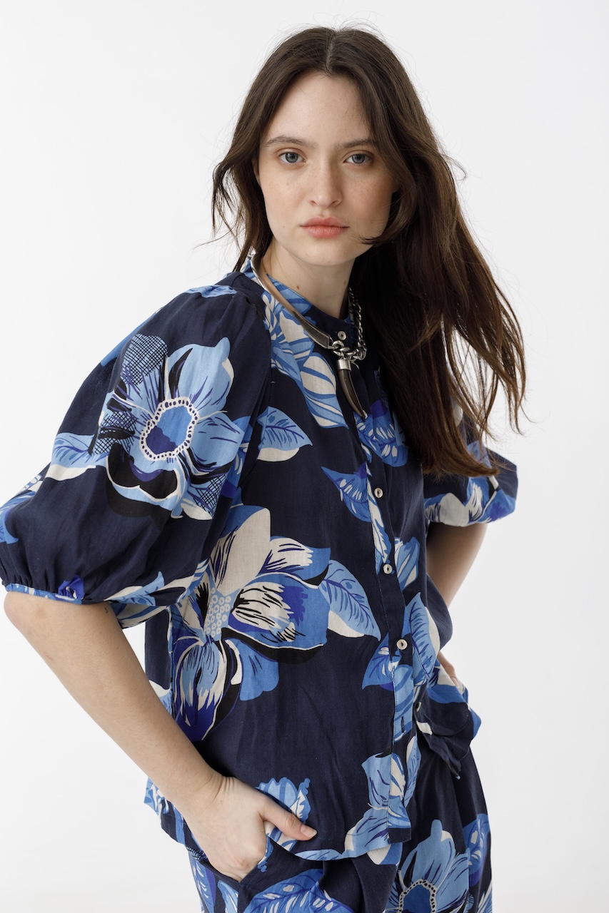 Camisa Bubble en Lino - Navy Hibiscus