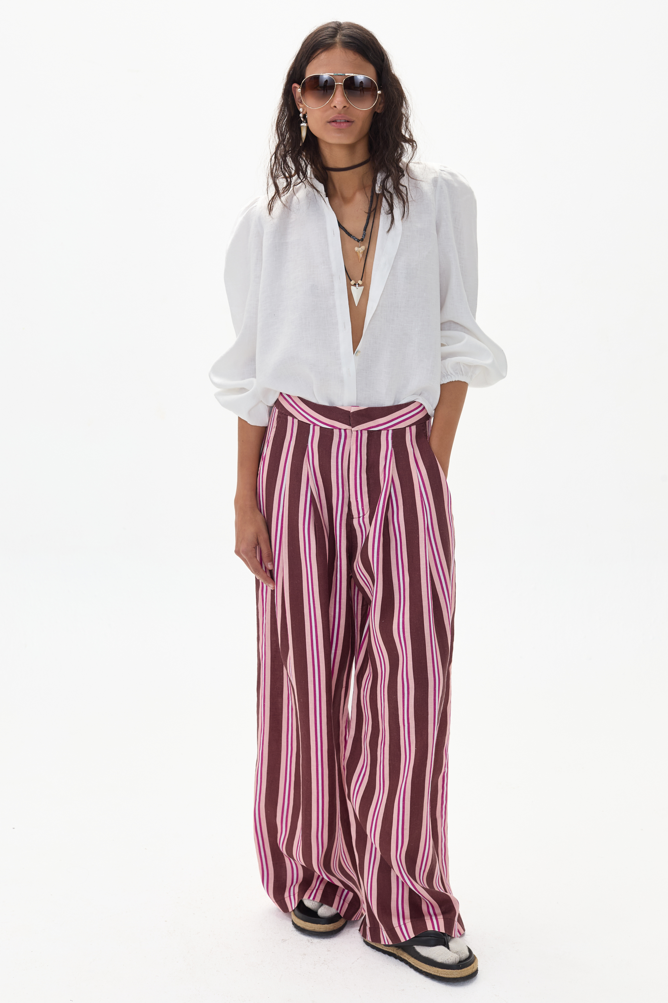 Pantalón Lara en Lino - Bordeaux Ivy Stripes