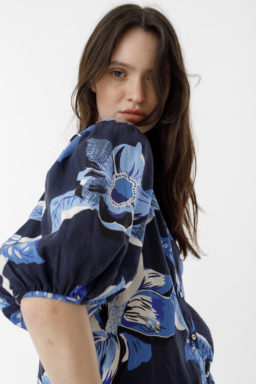 Camisa Bubble en Lino - Navy Hibiscus