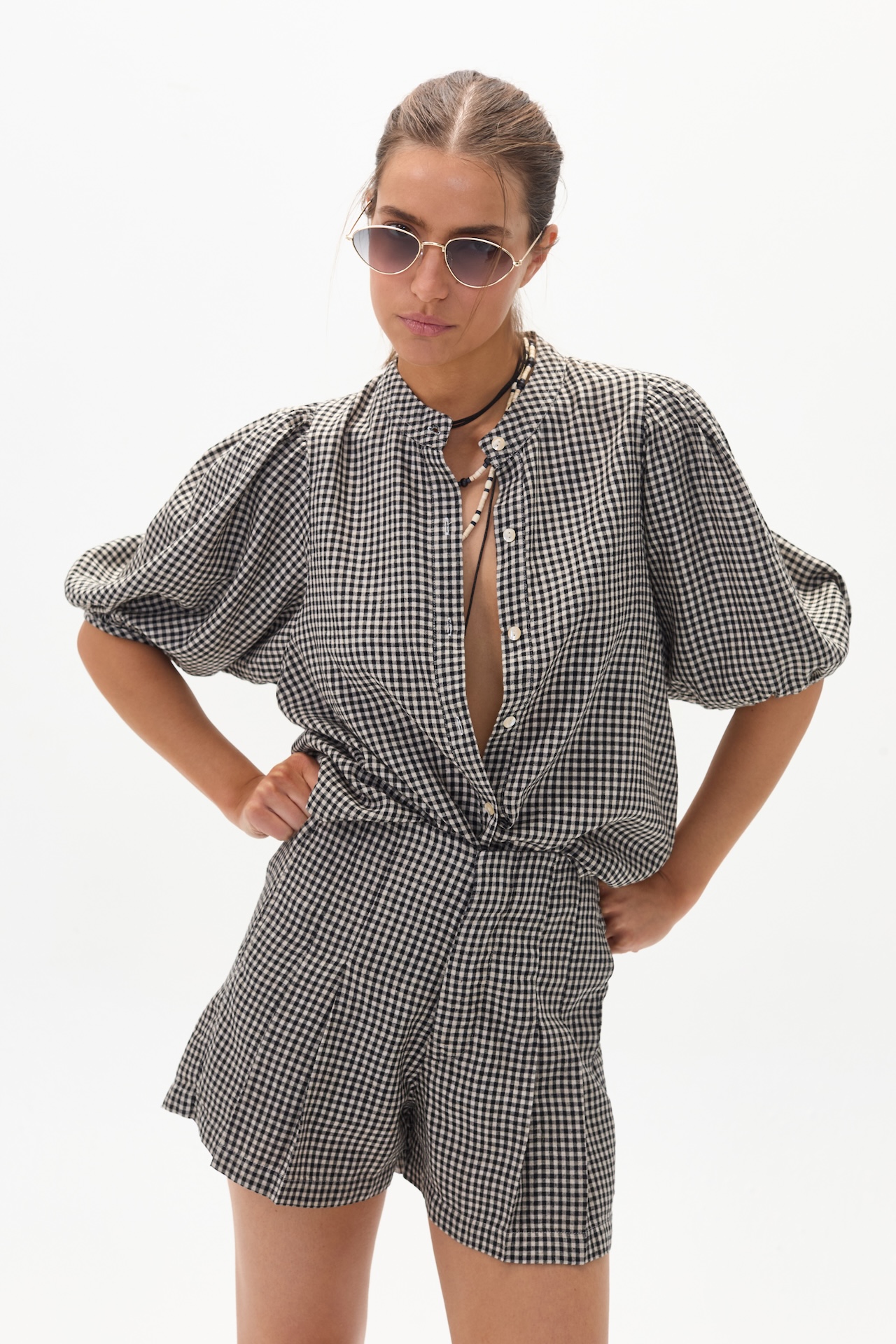 Short Frida en Blend de Lino - Black & Natural Vichy Checks