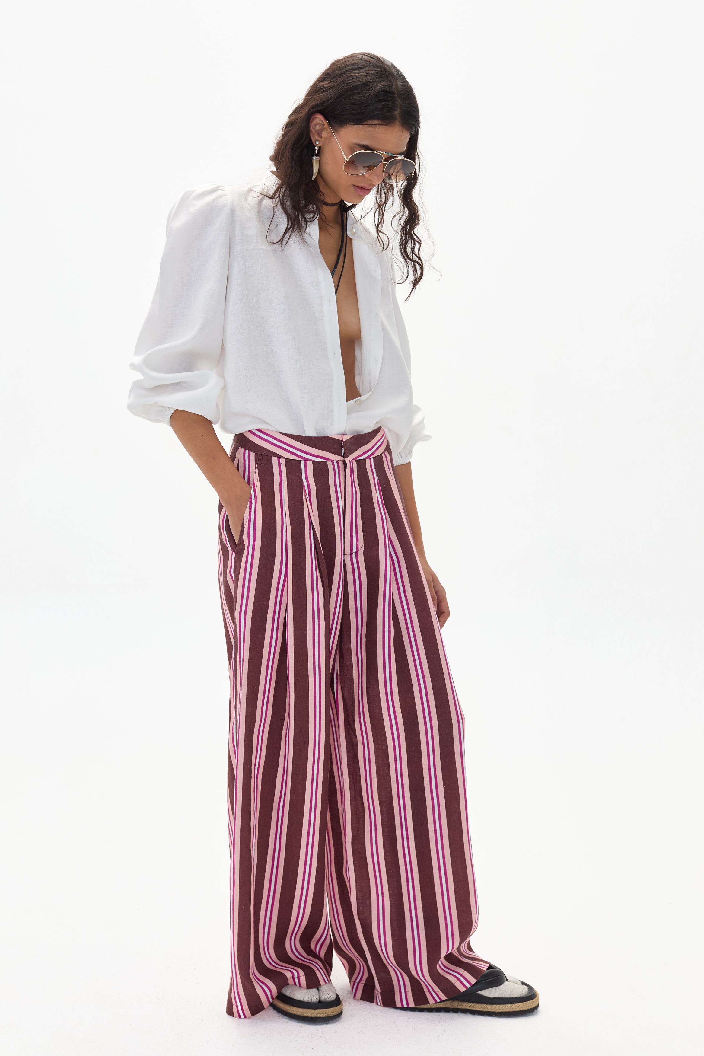 Pantalón Lara en Lino - Bordeaux Ivy Stripes