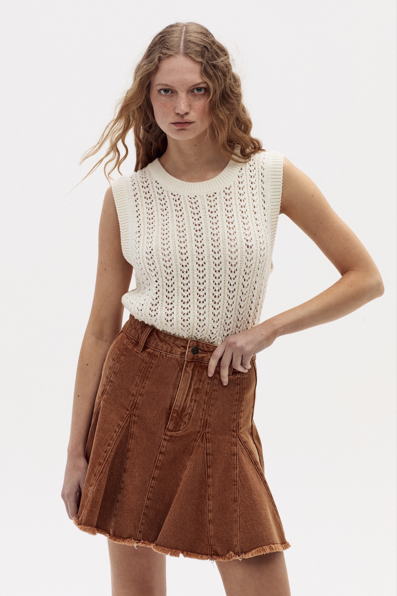 AZALEA, Flare Denim Skirt - Caramel