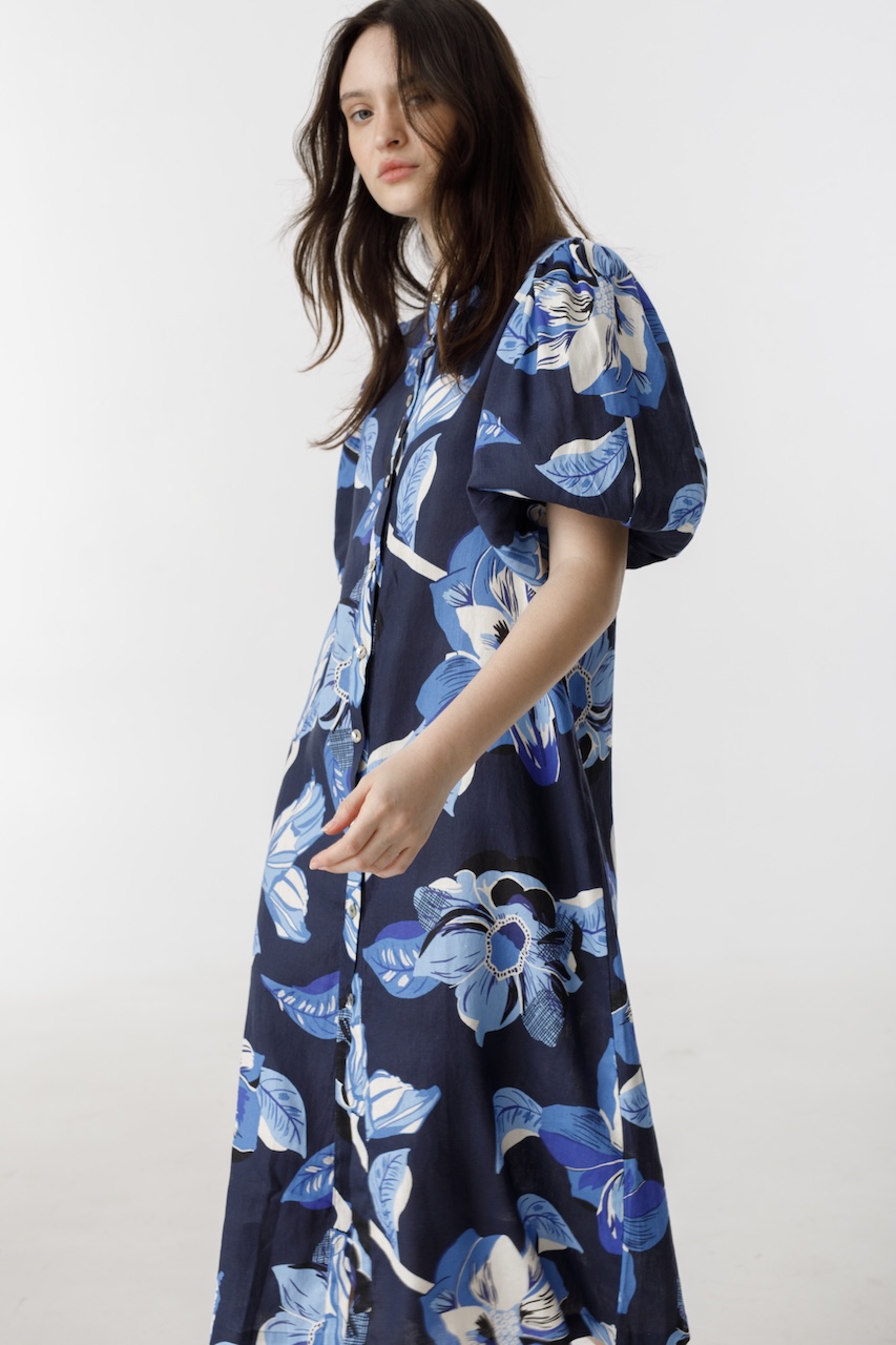Vestido Bubble en Lino - Navy Hibiscus