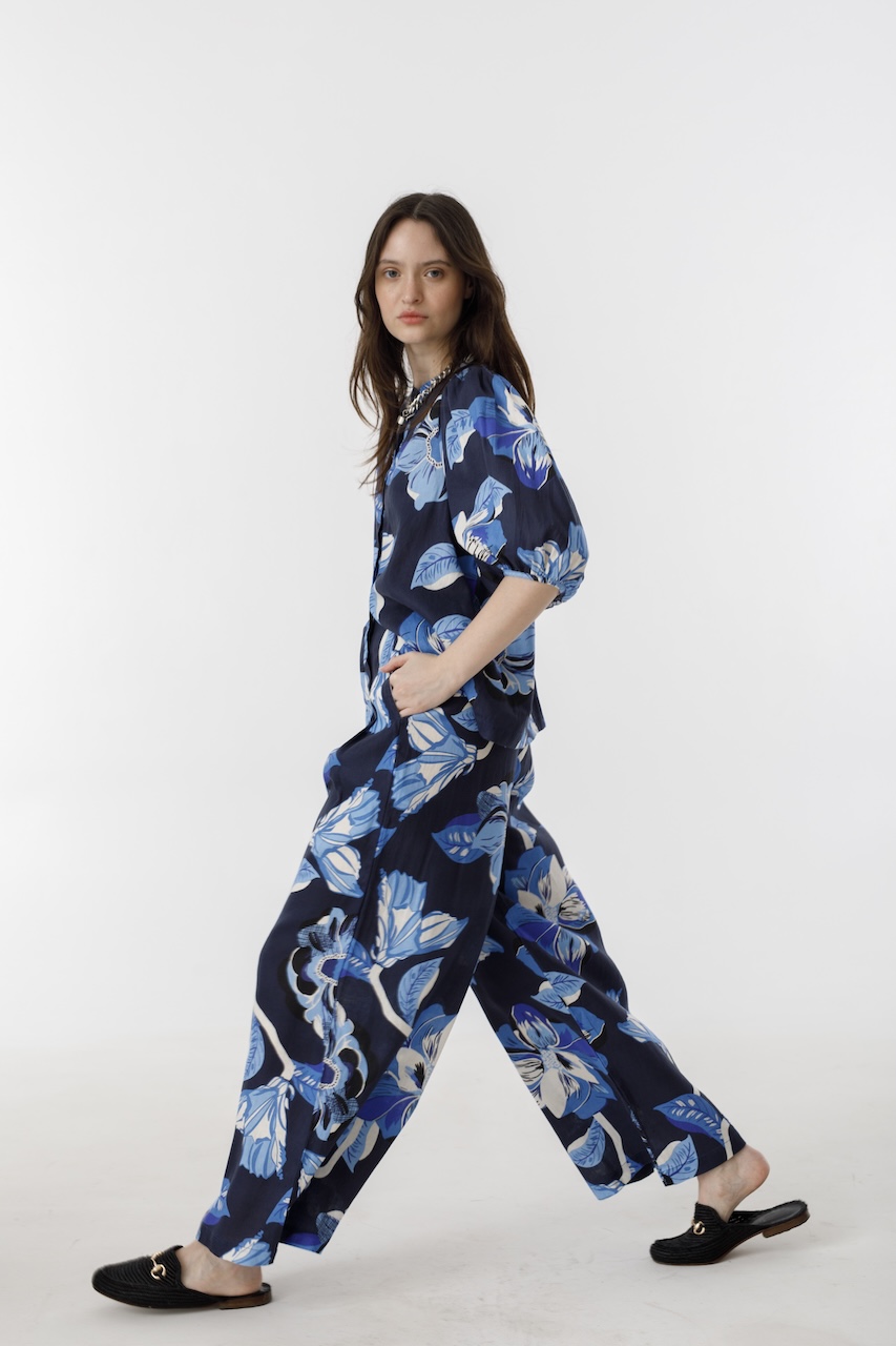 Pantalón Culotte en Lino - Navy Hibiscus