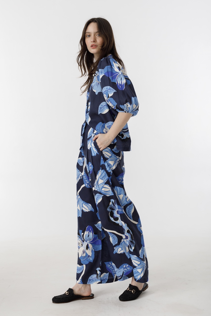 Pantalón Culotte en Lino - Navy Hibiscus
