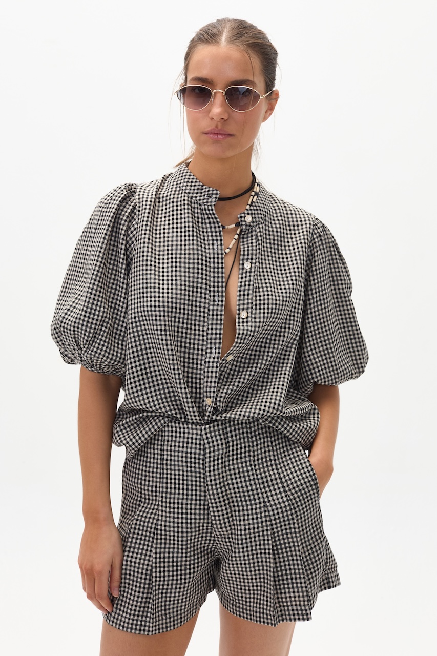 Camisa Bubble en Blend de Lino - Black & Natural Vichy Checks