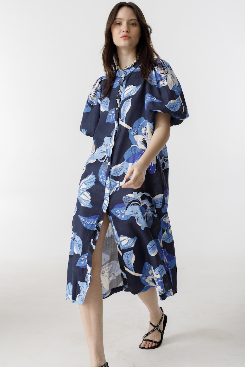 Vestido Bubble en Lino - Navy Hibiscus