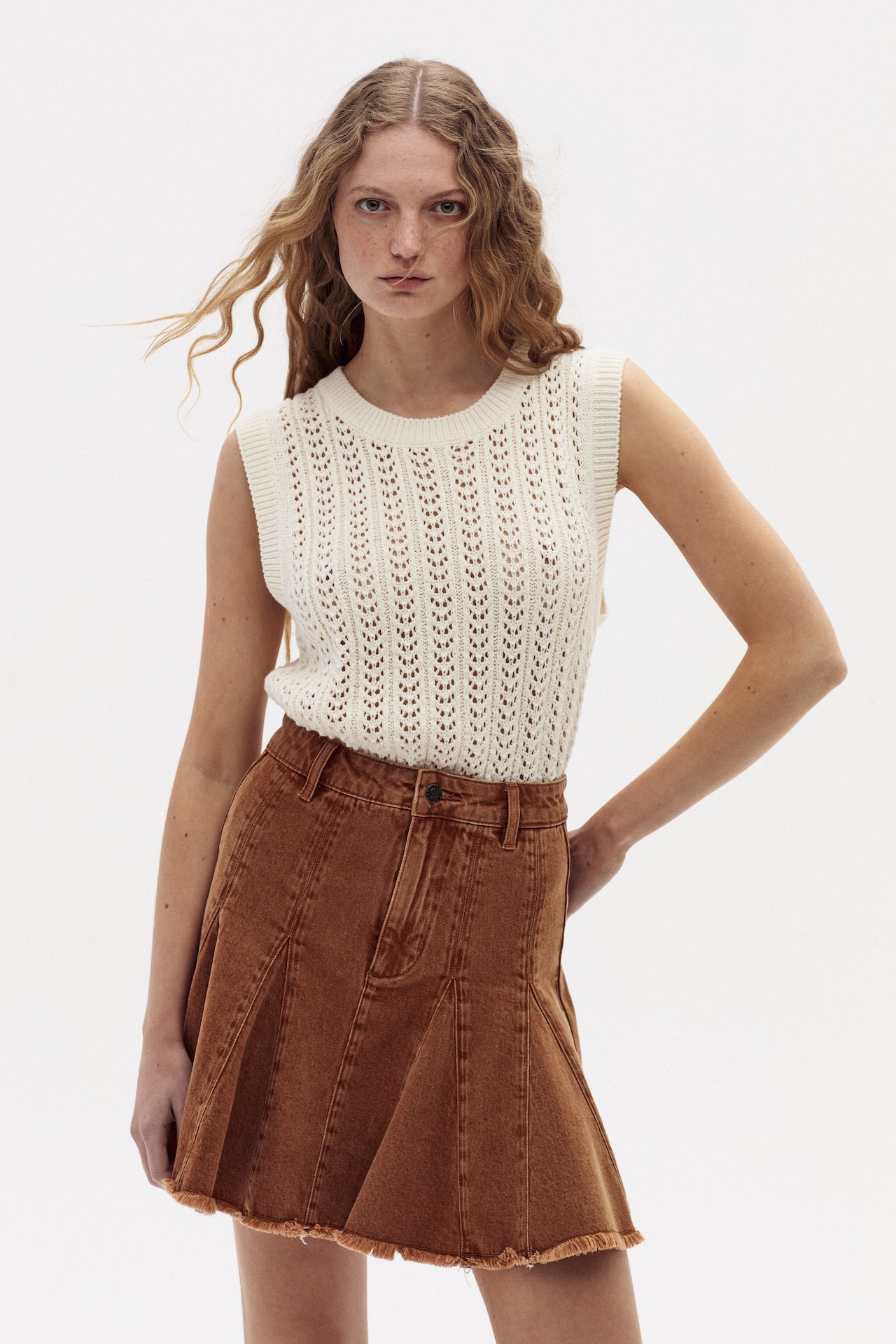 AZALEA, Flare Denim Skirt - Caramel